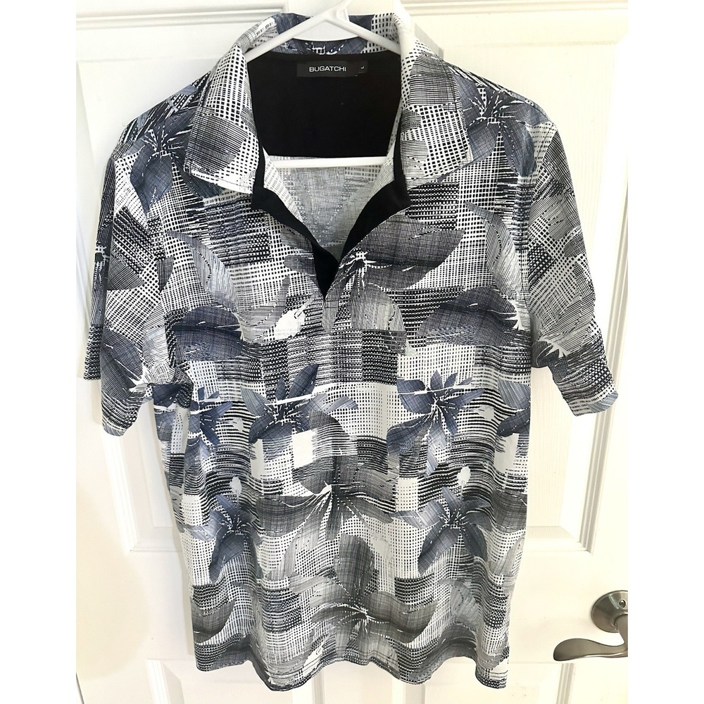 Bugatchi Men's L Black/White Floral Short Sleeve Collared Cotton Polo Shirt